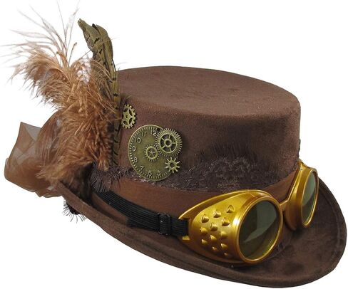 Deluxe Velvet 4.25 Inch Steampunk Top Hat with Removable Goggles in Saudi Arabia