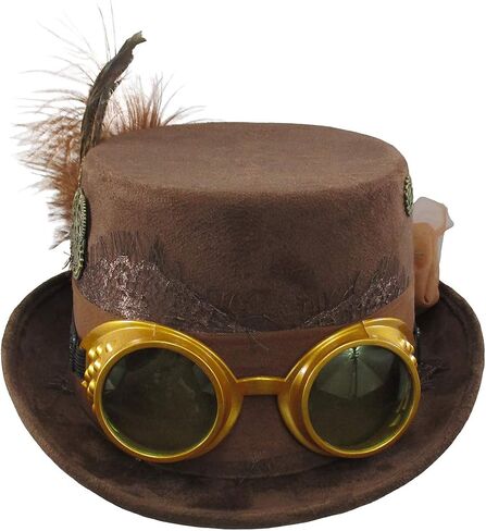 Deluxe Velvet 4.25 Inch Steampunk Top Hat with Removable Goggles in Saudi Arabia