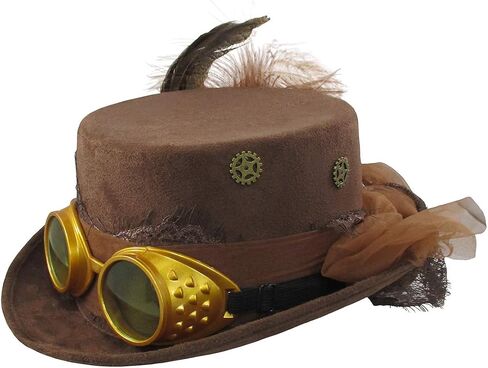 Deluxe Velvet 4.25 Inch Steampunk Top Hat with Removable Goggles in Saudi Arabia