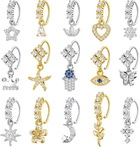 Bonuci 15 Pcs Dangle Nose Rings Hoops Heart Flower Moon Dangle Nose Rings Cartilage Earring Dangling Nose Piercing Jewelry for Women and Girls in Saudi Arabia