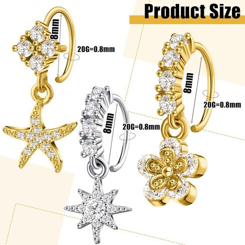 Bonuci 15 Pcs Dangle Nose Rings Hoops Heart Flower Moon Dangle Nose Rings Cartilage Earring Dangling Nose Piercing Jewelry for Women and Girls in Saudi Arabia