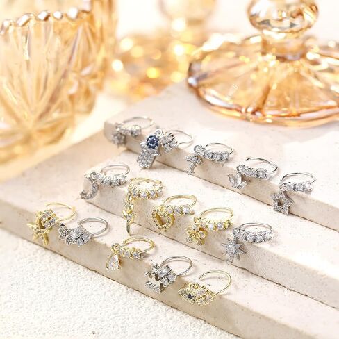 Bonuci 15 Pcs Dangle Nose Rings Hoops Heart Flower Moon Dangle Nose Rings Cartilage Earring Dangling Nose Piercing Jewelry for Women and Girls in Saudi Arabia