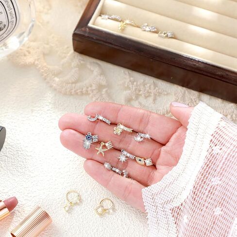 Bonuci 15 Pcs Dangle Nose Rings Hoops Heart Flower Moon Dangle Nose Rings Cartilage Earring Dangling Nose Piercing Jewelry for Women and Girls in Saudi Arabia