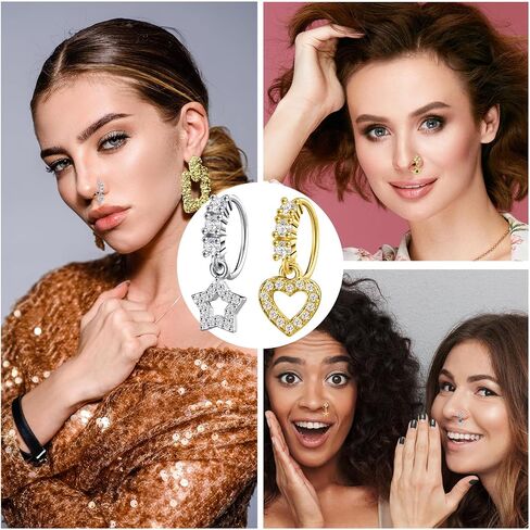 Bonuci 15 Pcs Dangle Nose Rings Hoops Heart Flower Moon Dangle Nose Rings Cartilage Earring Dangling Nose Piercing Jewelry for Women and Girls in Saudi Arabia
