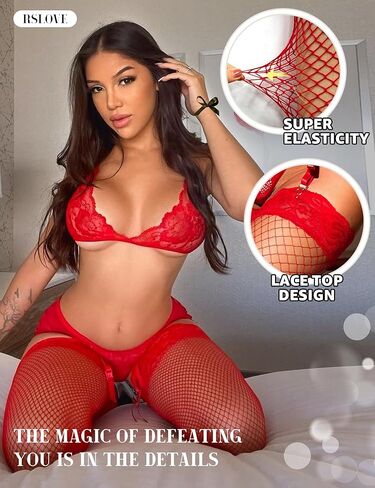 جوارب RSLOVE النسائية المثيرة ذات شبكة صيد السمك بطول الفخذ مع جوارب شفافة من الدانتيل العلوي من السيليكون in Kuwait