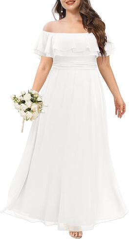 Pinup Fashion Plus Size Formal Bridesmaid Wedding Guest Chiffon Long Dress | Chiffon, off-the-shoulder neckline, layered ruffles, ruched elastic waist, floor-length, evening party, wedding guest in Saudi Arabia
