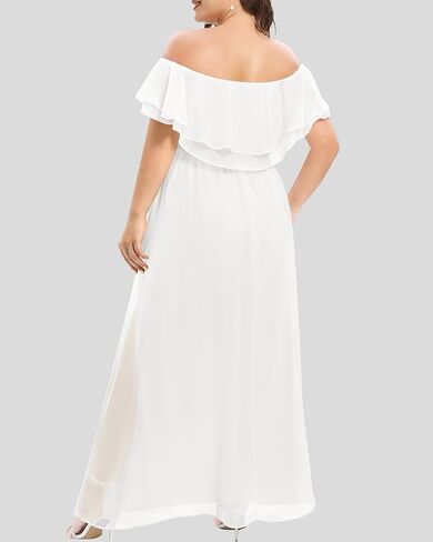 Pinup Fashion Plus Size Formal Bridesmaid Wedding Guest Chiffon Long Dress | Chiffon, off-the-shoulder neckline, layered ruffles, ruched elastic waist, floor-length, evening party, wedding guest in Saudi Arabia