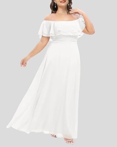 Pinup Fashion Plus Size Formal Bridesmaid Wedding Guest Chiffon Long Dress | Chiffon, off-the-shoulder neckline, layered ruffles, ruched elastic waist, floor-length, evening party, wedding guest in Saudi Arabia