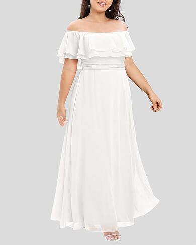 Pinup Fashion Plus Size Formal Bridesmaid Wedding Guest Chiffon Long Dress | Chiffon, off-the-shoulder neckline, layered ruffles, ruched elastic waist, floor-length, evening party, wedding guest in Saudi Arabia
