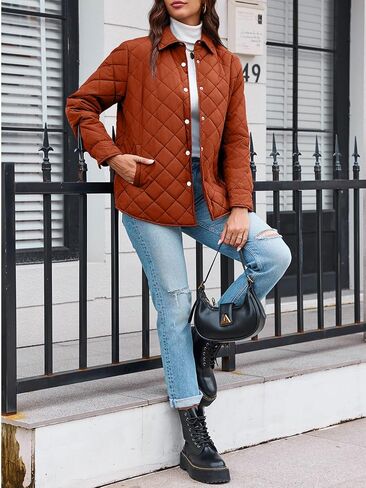 Women's Lightweight Quilted Jacket Stand Collar Single-breasted Long Sleeve Warm Oversized Coat with Pockets in Kuwait