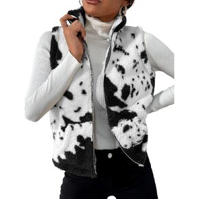 SOLY HUX Women's Cow Print Fleece Fuzzy Zip Up Vest Jacket Sleeveless Fluffy Outwear with Pockets White and Brown M