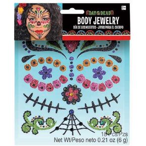 amscan Day of The Dead Body Jewelry Stickers Costume Accessory, Various Sizes, Multicolor, 18 Pcs