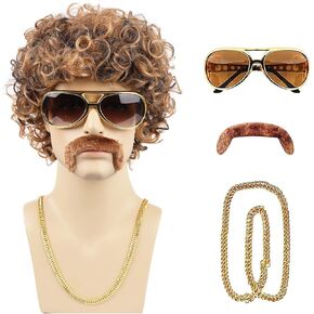 Afro Wig Men 5Pcs Set {Wig+Glasses+Necklace+Mustache+Wig Cap} 70s 80s Disco Costume Wig for Men Natural Fluffy Short Curly Black Synthetic Hair Hippie Rocker Wig for Halloween Chrismas Cosplay Party