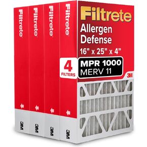 Filtrete 16x25x4 Air Filter, MPR 1000, MERV 11, Allergen Defense 12-Month Deep Pleated 4-Inch Air Filters, 4 Filters