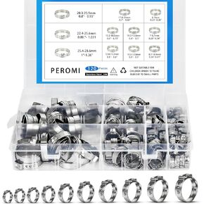 PEROMI 145pcs Single Ear Hose Clamp, 8 Size 6-23.5mm 304 Stianless Steel Cinch Clamp Rings Assortment Kit for PEX Tube Fitting Connections
