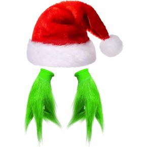 Hikkcos 2 Pieces Green Gloves Adult and Christmas Santa Hat Green Furry Gloves Halloween Green Monster Costume for Cosplay Costume Accessory Halloween Christmas Party Supplies