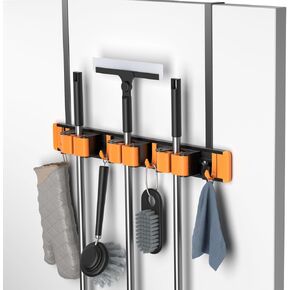 Unjumbly Broom Holder Wall Mount, Drilling Free Mop and Broom Holder with 2 Over Door Hooks, Tool Organizer for Laundry Room, Garage, Kitchen, Closet, Bathroom, Pantry - Orange