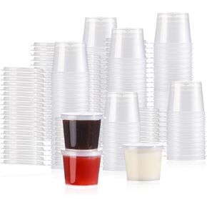 ICYANG 50 Sets 1.5 Ounce Plastic Jello Shot Cups Portion Cups Souffle Condiment Sampling Cup with Lid, Clear, Heart Shaped, Reusable