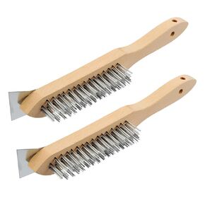MAXMAN 12 Inch Stainless Steel Wire Scratch Brush Set Wooden Handle with Metal Scraper Pre-drilled Hang Hole Wire Brushes for Cleaning Rust, Aluminum or Stainless Steel and Other Hard Surfaces（2-Pack）