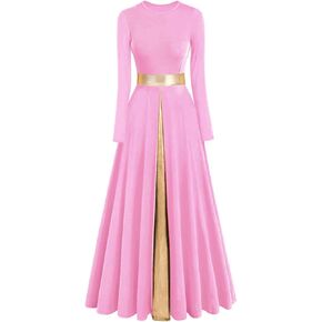 ELLYDOOR Women's Praise Dance Dress Metallic Waistband Long Swing Liturgical Worship Church Robe Dress Lyrical Dancewear