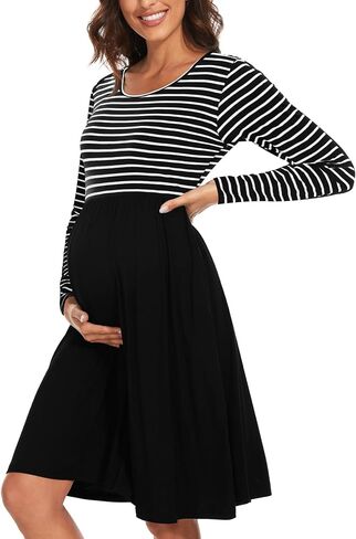 WOOXIO Women's Long Sleeve Maternity Dress Patchwork Pregnancy Dresses Mama Clothes with Pockets in Saudi Arabia