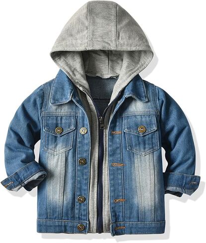 DOINLINE Boys Jean Jacket Kids Hooded Denim Jackets Zipper Outerwear Coat in Kuwait