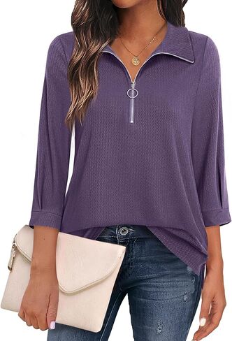 Vivilli Womens Tops Dressy Casual 3/4 Length Sleeve V Neck Shirts and Blouses Zipper Collar Women Polo Shirts in Kuwait