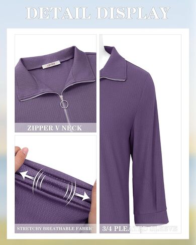 Vivilli Womens Tops Dressy Casual 3/4 Length Sleeve V Neck Shirts and Blouses Zipper Collar Women Polo Shirts in Kuwait