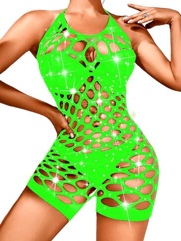Kaei&Shi Rhinestone Fishnet Sparkly Bodysuit, Rave Outfits, Halter Lingerie in Kuwait
