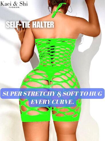 Kaei&Shi Rhinestone Fishnet Sparkly Bodysuit, Rave Outfits, Halter Lingerie in Kuwait