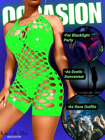 Kaei&Shi Rhinestone Fishnet Sparkly Bodysuit, Rave Outfits, Halter Lingerie in Kuwait
