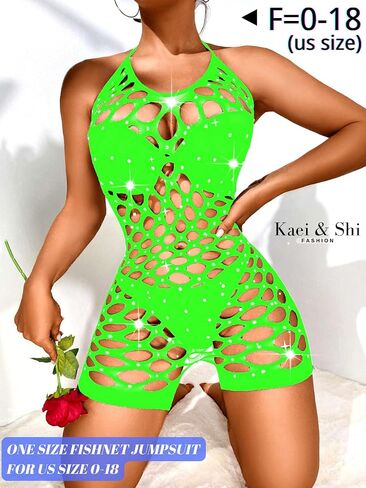 Kaei&Shi Rhinestone Fishnet Sparkly Bodysuit, Rave Outfits, Halter Lingerie in Kuwait
