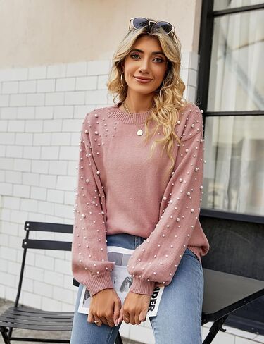 Blooming Jelly المرأة سترة مكتنزة Crewneck البلوز متماسكة فانوس كم كنزة بمقاس كبير سترة مع اللؤلؤ in Kuwait