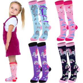 Tisancy 4 Pairs Kids Compression Socks 15-20 mmHg Knee Length Compression Stockings Graduated Compression Socks for Kids