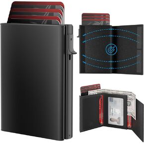 Card Holder Wallet for Men - Smart Leather Wallet, Pop Up Card Case, RFID Blocking Technology, Slim, Minimalist, Ultra-Thin, Front Pocket Friendly, 9-14 Card Capacity | ID Window | Cash Slot (Black)