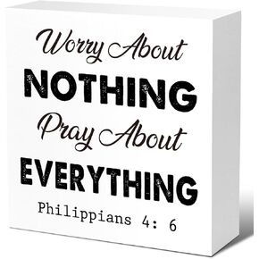 Worry About Nothing Pray About Everything Wood Block Sign,Bible Verse Desk Decor Scripture Art Decor Philippians 4:6 Desk Decor Wooden Bible Verse Sign Christian Desk Decor