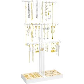 Jewelry Stand Necklace Holder, 3 Tier Necklace Organizer With Velvet Earrings Rings Tray, Adjustable Height Jewelry Organizer, Necklaces Hanging Storage Tree Display For Bracelets Bangles Watches