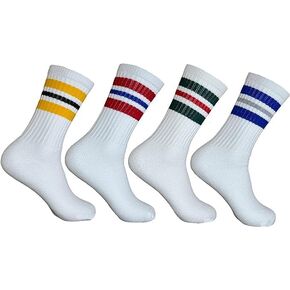 SuNi Apparel Striped Crew Socks - Retro Mens Striped Socks - Stripe Cotton Gym Socks for Men - 4 Pairs Pack Size 10-13