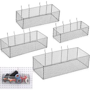 Norme 4 Pack Pegboard Baskets Set 4 Size Metal Pegboard Wall Organizer Square Style Wire Pegboard Bins Wall Mount Peg Board Tool Organization for Workbench Accessories Garage Storage, Black