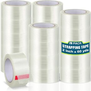 Treela 20 Pcs Strapping Tape 2 Inch x 60 Yards 5.5 Mil Fiberglass Filament Tape Reinforced Packing Tape Heavy Duty Transparent Shipping Tape for Sealing Binding Fixing(20 Rolls)