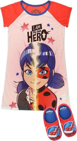 Miraculous Ladybug Pajamas for Girls Nightgown and Slipper Set, Short Sleeve Dorm Shirt, Red/White, Size 7/8 in Saudi Arabia