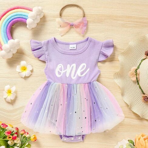 GRNSHTS Baby Girl 1st Birthday Outfits Ribbed Tulle Romper Princess Cake Smash Photo Shoot Clothes+Headband in Saudi Arabia