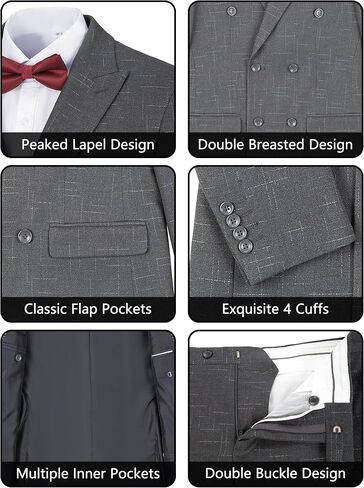 Fesenbo Mens Suits 3 Piece Plaid Slim Fit Tuxedo Double Breasted Prom Dress Suits Men Jackets Blazer Vest and Pants with Tie in Kuwait