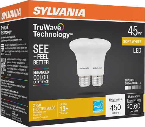 لمبة LEDVANCE Sylvania LED TruWave Natural Series R20، كفاءة مكافئة 50 وات 5 وات، قابلة للتعتيم، بلوري، 2700 ك، أبيض ناعم - عبوتان (40788) in Saudi Arabia