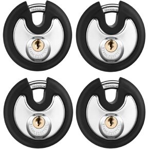 10 Pack 70 mm Pad Lock Keyed Alike Padlocks Stainless Steel Discus Lock with Black Rubber Sheath, Outdoor Disc Lock for Storage Unit, Sheds, Garages and Fence, Black Rubber Bumper with 20 Same Keys