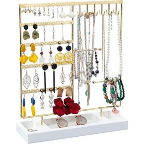 X-cosrack Earring Holder with Wooden Tray, 5-Tier Earring Display Stand with T-Shape Jewelry Organizer Holder and Ring Tray, Great for Storing Earrings Necklaces Bracelets Watches and Rings