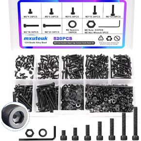 mxuteuk M2 Screw Assortment Set,M2 x 4/6/8/10/12/16/20mm Hex Socket Head Cap Screws Bolts Nuts Kit, 520PCS 12.9 Grade Alloy Steel Assorted Screws with Hex Wrench G035