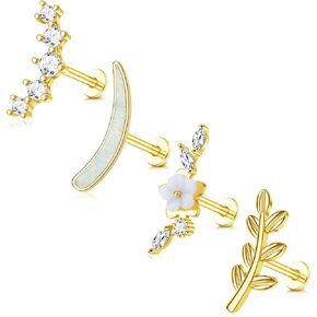 MJust G23 Titanium Cartilage Earrings for Women 16G Pure Titanium Flat Back Stud for Sensitive Ear Cartilage Opal CZ Stud Earrings Internally Threaded Conch Helix Tragus Piercing Jewelry