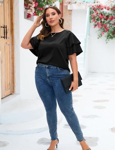 ZOMVA Women's 2023 Plus Size Satin Blouse Short Ruffle Sleeves Silk Top Dressy Shirt Office Elegant in Kuwait