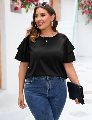 ZOMVA Women's 2023 Plus Size Satin Blouse Short Ruffle Sleeves Silk Top Dressy Shirt Office Elegant in Kuwait